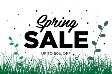 Bahar satış güzel çim ile promosyon afiş sunuyoruz. Özel indirimler mockup. Promosyonlar, dergiler, reklamlar, web siteleri için poster. Vektör karşılama illüstrasyon şablonu