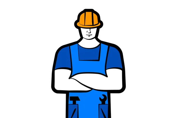 Hombre trabajador o constructor en ropa de trabajo y casco de construcción. Concepto de trabajo. Ilustración vectorial — Vector de stock