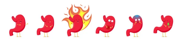 Emoji karakter kartun perut yang lucu diatur dalam posisi yang berbeda dan koleksi emosi. Sistem pencernaan vektor maag, gastritis, mual, muntah, mulas, puffin, sehat dan bahagia - Stok Vektor