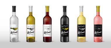 Elle çizilmiş eski model tasarım şablonu olan gerçekçi bir 3D şarap şişesi. Alkol endüstrisi üzüm bağları üzüm bağları çiftlik amblemi. Tek renkli romantik kırsal alan