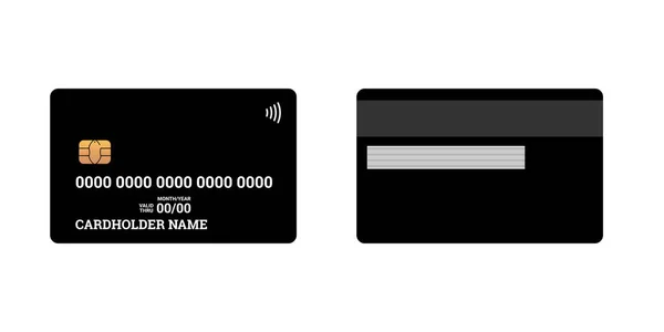Банківські пластикові кредитні або дебетові картки безконтактних смарт-зарядних карт спереду і ззаду з мікросхемою EMV і магнітною смугою. Порожній макет шаблону дизайну. Векторна чорна ілюстрація — стоковий вектор