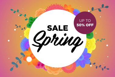 Bahar satış güzel renkli çiçek ile promosyon afiş sunuyoruz. Özel indirimler mockup. Promosyonlar, dergiler, reklamlar, web siteleri için poster. Vektör karşılama illüstrasyon şablonu