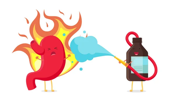 Cute cartoon charakter żołądka oparzenia od zgagi. Brązowa butelka medycyny stawia ogień jak strażak. Wektor narządów układu pokarmowego nhealthy chorych emoji smutne emocje. Śmieszne ilustracji — Wektor stockowy
