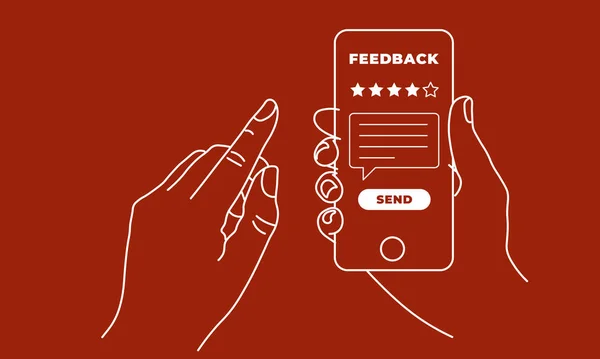 Hand halten und auf Smartphone-Handy mit fünf Sternen auf dem Bildschirm zeigen und Nachricht senden. Feedback, Bewertung und Überprüfungskonzept. Linienvektorabbildung — Stockvektor
