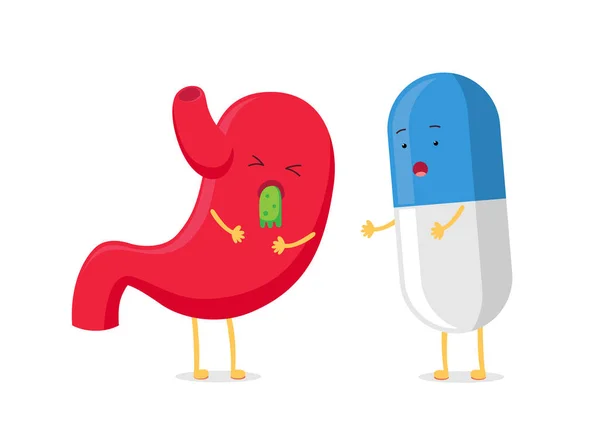 Lindo personaje de dibujos animados estómago enfermo enfermo emoji emoción triste con la píldora de la medicina sonriente divertido. Salud, medicina, amigos, concepto de píldora. Tratamiento de salud estomacal, terapia. Vector — Vector de stock