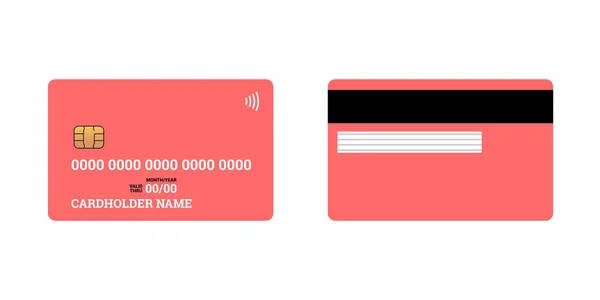 Bankkredit oder kontaktlose Smart Charge Card auf Vorder- und Rückseite mit emv-Chip und Magnetstreifen. leere Design-Vorlage-Attrappe. Vektor rote Abbildung — Stockvektor