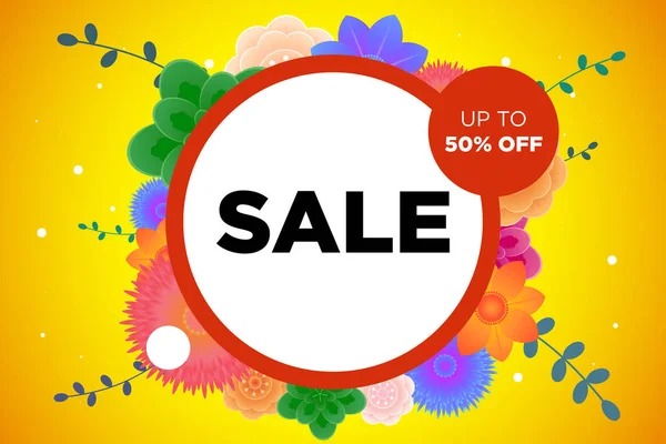 Sale offer promotion banner with beautiful colorful flower. Special discounts mockup. Poster for promotions, magazines, advertising, web sites. Vector greeting illustration template