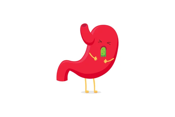 Lindo personaje de dibujos animados estómago enfermizo náuseas vómitos emoji emoción triste. Indigestión del sistema digestivo de órganos vectores. Divertida ilustración — Vector de stock