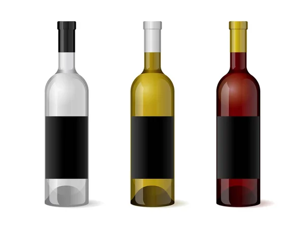 Вино реалістична 3d пляшка з порожнім шаблоном чорної етикетки для дизайну алкогольної промисловості. Векторні ілюстрації — стоковий вектор
