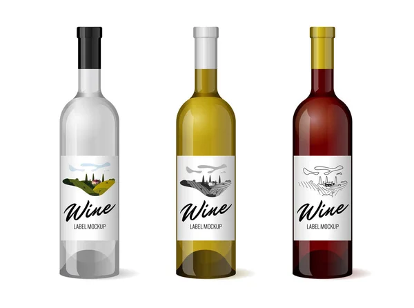 Wine realistic 3d bottle with hand-drawn label retro vintage design template set. Vineyard wine grapes hills farm emblem. Monochrome romantic rural landscape, white on black. Vector — ストックベクタ