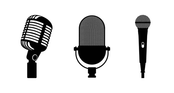 Three microphones retro and classic style. White background. Silhouette microphone. Music icon, mic. Flat design, vector illustration — Stock Vector