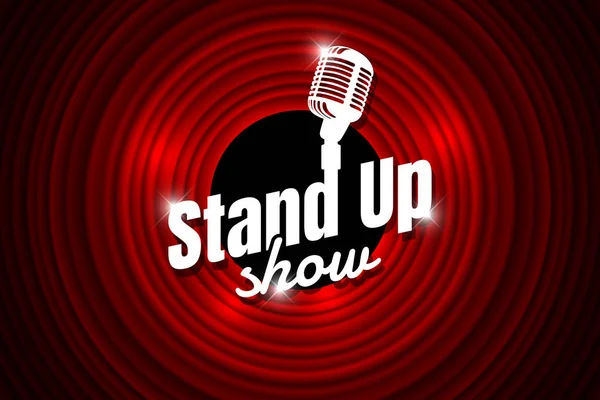 Boş tiyatro sahnesinde komedi gece canlı gösterisi açık mikrofon stand up. Kırmızı perde arka planına karşı Vintage mikrofon. Retro vektör sanat resim illüstrasyon