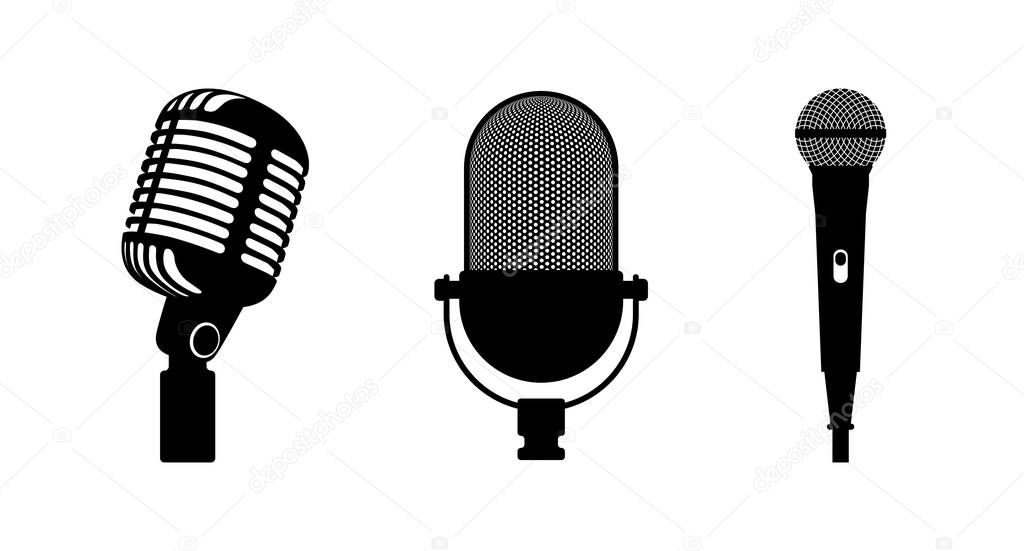 Three microphones retro and classic style. White background. Silhouette microphone. Music icon, mic. Flat design, vector illustration