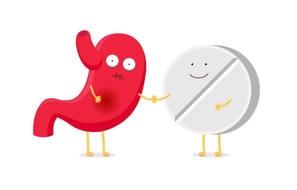 Lindo personaje de dibujos animados estómago enfermo enfermo emoji emoción triste con la píldora de la medicina sonriente divertido. Salud, medicina, amigos, concepto de píldora. Tratamiento de salud estomacal, terapia. Vector — Vector de stock