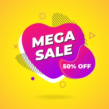 Satış afiş şablonu tasarımı. Soyut sıvı şekil mega satış. Sarı arka plan üzerinde kalp sıvısı şeklinde düz geometrik gradyan renkli grafik elemanı. Vektör çizimi