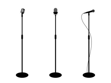 Three microphones on counter. White background. Silhouette microphone. Music icon, mic. Flat design, vector illustration clipart