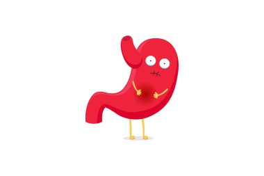 Sevimli karikatür mide karakteri sağlıksız hasta ülser emoji duygu. Vektör organ sindirim sistemi gastrit ve karın ağrısı. Komik illüstrasyon