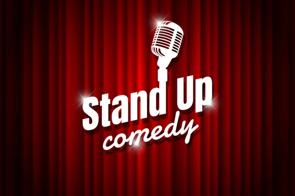 Boş tiyatro sahnesinde komedi gece canlı gösterisi açık mikrofon stand up. Kırmızı perde arka planına karşı Vintage mikrofon. Retro vektör sanat resim illüstrasyon