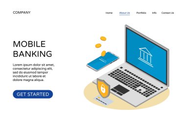 Beyaz arka planda online bankacılık açılış sayfası web sitesi tasarım şablonu. İzometrik dizüstü bilgisayar ve akıllı telefon, banka kartı, kalkan ve paralar. Para işlem koruma kavramı. Vektör çizimi