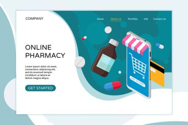 Çevrimiçi eczane açılış sayfası şablonu. İlaç ve ilaç online satın alın. Tıbbi e-commerse web sitesi tasarımı. UI, mobil uygulama, poster, afiş, el ilanı için düz vektör illüstrasyon