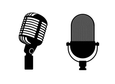 İki retro mikrofon işareti. Siluet mikrofon. Müzik simgesi, mikrofon. Düz tasarım vektör illüstrasyon