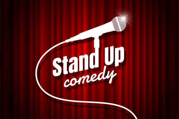 Boş tiyatro sahnesinde komedi gece canlı gösterisi açık mikrofon stand up. Kırmızı perde arka planına karşı mikrofon. Vektör resmi resim illüstrasyon