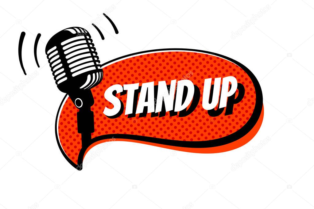 Stand up comedy show sign. Retro studio table microphone with inscription on red comics bubble. Vintage vector illustration