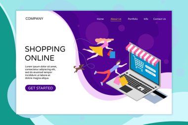 Alışveriş online web açılış sayfası şablonu. Banka kartı mağaza gölgelik ile dizüstü içine yerleştirilir. Erkek kadın alışveriş çantaları tutmak ve köpek uzayda sinek. Modern düz tasarım kavramı vektör illüstrasyon