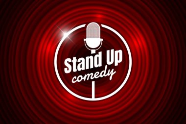 Boş tiyatro sahnesinde komedi gece canlı gösterisi açık mikrofon stand up. Kırmızı perde arka planına karşı Vintage mikrofon. Retro vektör sanat resim illüstrasyon