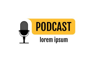 Podcast radyo işareti. Retro stüdyo masa mikrofonu, sarı baloncuk üzerinde yayında yayın metni ile. Web yayını ses kaydı kavramı. Vektör çizimi