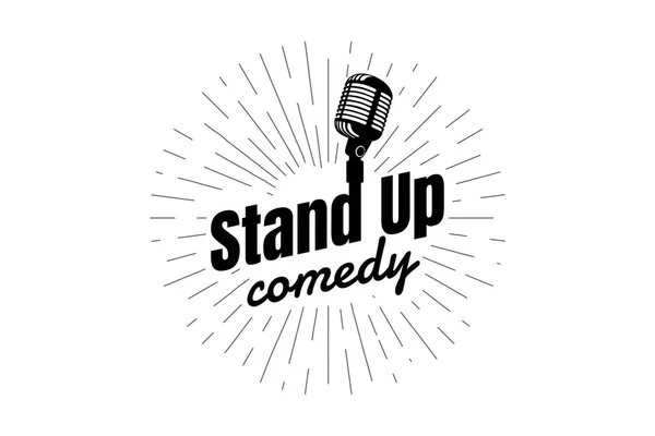Stand up komedi gece canlı gösteri işareti. Yazıt lı retro mikrofon ve farklı doğrusal ışınlar. Vintage vektör illüstrasyon