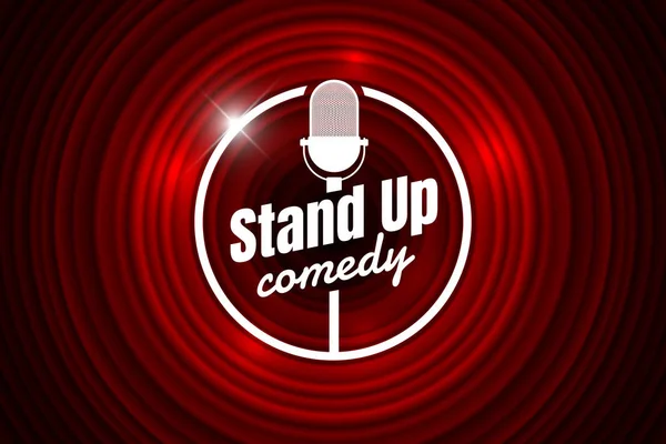 Stand-up comedy Night Live show open mic op een leeg theater podium. Vintage microfoon tegen rode gordijn achtergrond. Retro Vector Art afbeelding illustratie — Stockvector