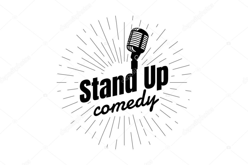 Stand up comedy night live show sign. Retro microphone with inscription and diverging linear rays. Vintage vector illustration EPS