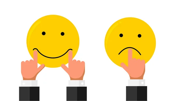 Zakenman hand vinger stretch pull op mond lippen op smiley Emoji glimlach en trieste emotie zoals rating. Online feedback reputatie kwaliteit Klantbeoordeling concept platte stijl. Vector illustratie — Stockvector