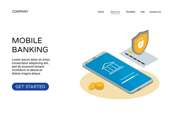 Modelo de design de site de landing page bancária online. Isométrico 3d smartphone móvel, cartão bancário, escudo de bloqueio e moedas. Conceito de proteção de transação monetária. Ilustração vetorial — Vetor de Stock