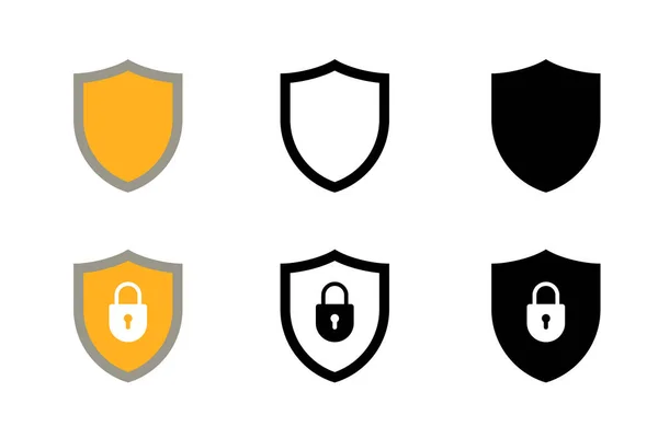 Shield with lock icon set. Yellow and black symbol flat vector illustration — Stock Vector