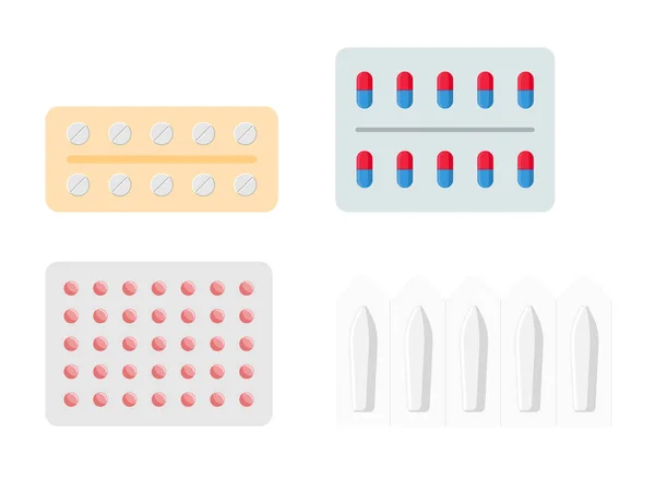 Piller tabletter läkemedel medicin kapslar i blisterförpackning set. Förpackade läkemedel medicinska förnödenheter. Platt design vektor illustration — Stock vektor