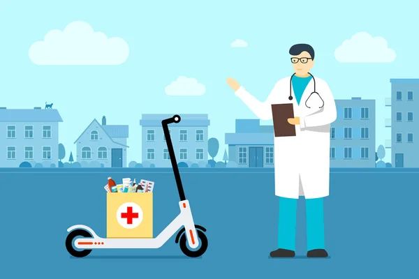 Medische bezorging van de apotheek. Witte man arts in glazen en uniforme jurk met stethoscoop staan naast elektrische scooter met medicatie supplies pillen tabletten doos. Platte vector illustratie — Stockvector