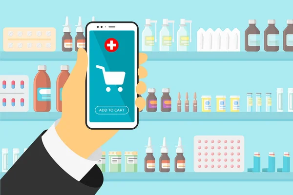 Χέρι με smartphone σε απευθείας σύνδεση κινητή φαρμακευτική εφαρμογή για ψώνια με το κουμπί προσθέσετε στο καλάθι. Χάπια φάρμακο κάψουλες φιάλες βιταμίνες και δισκία σε ράφια Εσωτερικών καταστημάτων. Εικονογράφηση επίπεδου στυλ — Διανυσματικό Αρχείο