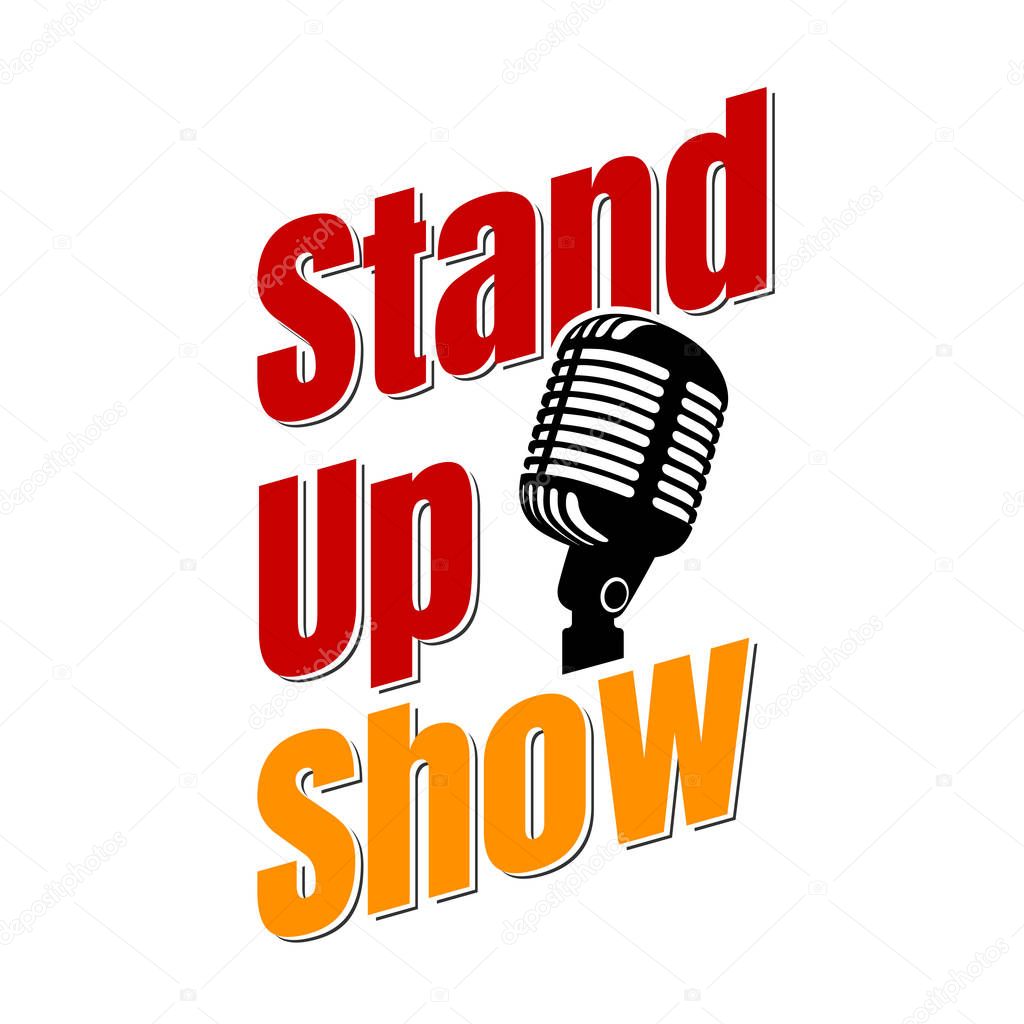 Stand up comedy show inscription with retro vintage microphone isolated sign on white background