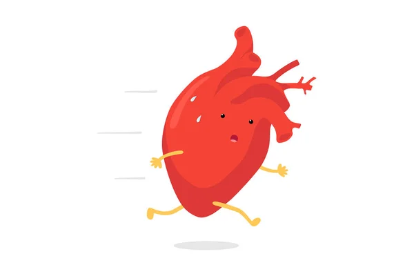 Cute cartoon heart character with sweat drops on forehead fast running emoji emotion. Vector circulatory organ symbolizes cardio training or cardiopalmus arrhythmia. Funny illustration — Stock Vector