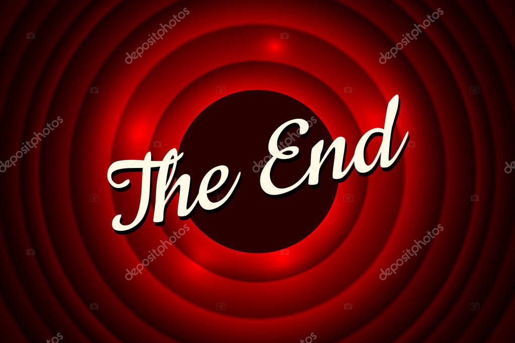 The End handwrite title on red round bacground. Old cinema movie ending screen. Vector illustration EPS10