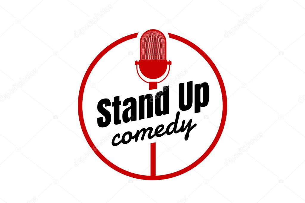 Stand up comedy night live show round sign. Retro microphone with inscription. Vintage vector illustration