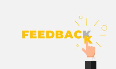 Online geribildirim, itibar, kalite, müşteri inceleme kavramı düz tarzı. İşadamı el parmağı, K harfini beş yıldız reytingi gibi bir kelimeyle işaret liyor. Vektör çizimi