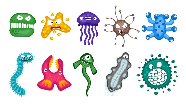 Vários microrganismos vírus vetor cartoon bactérias germe emoticon conjunto de caracteres. Imunidade bacteriana infecção microbiologia ilustração. Emoções de microrganismos isolados no fundo branco —  Vetores de Stock