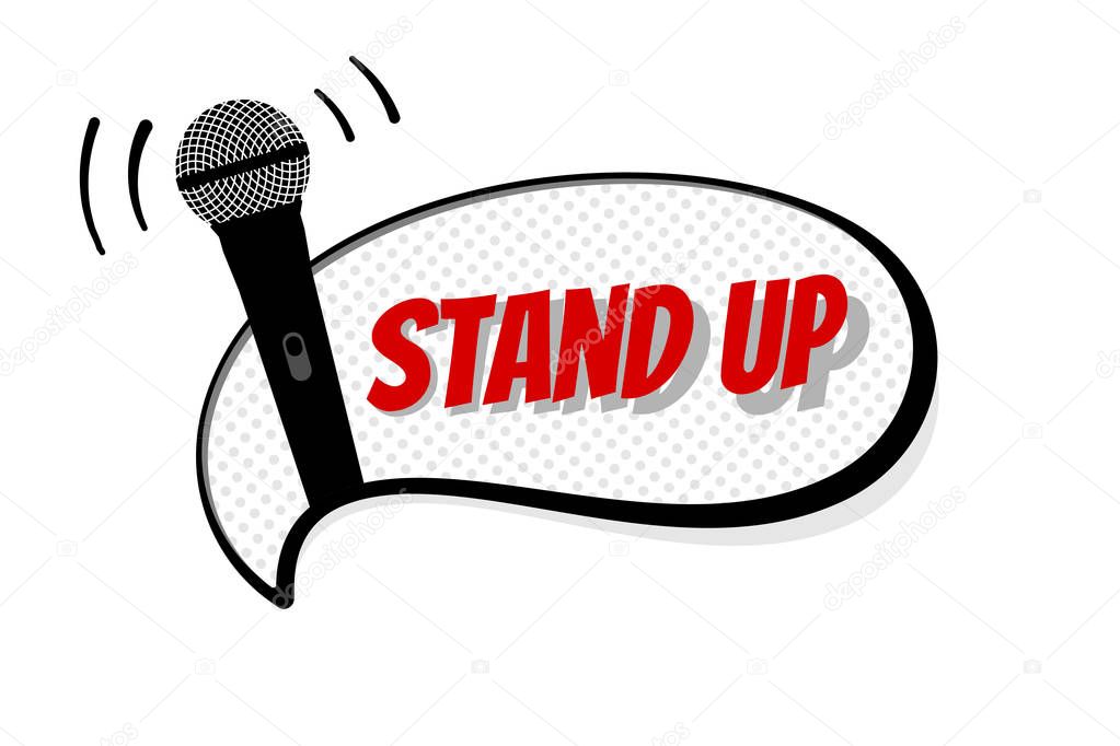 Stand up comedy night live show sign. Microphone silhouette with inscription on white comic bubble. Vector illustration