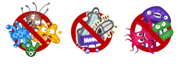 Stop spread virus symbol set. Zeichentrickfiguren isolierten Vektor-Illustration auf weißem Hintergrund. Niedliche Fliege Bakterien Infektion Charakter. Schutz vor Mikroben-Viren und Krankheiten — Stockvektor