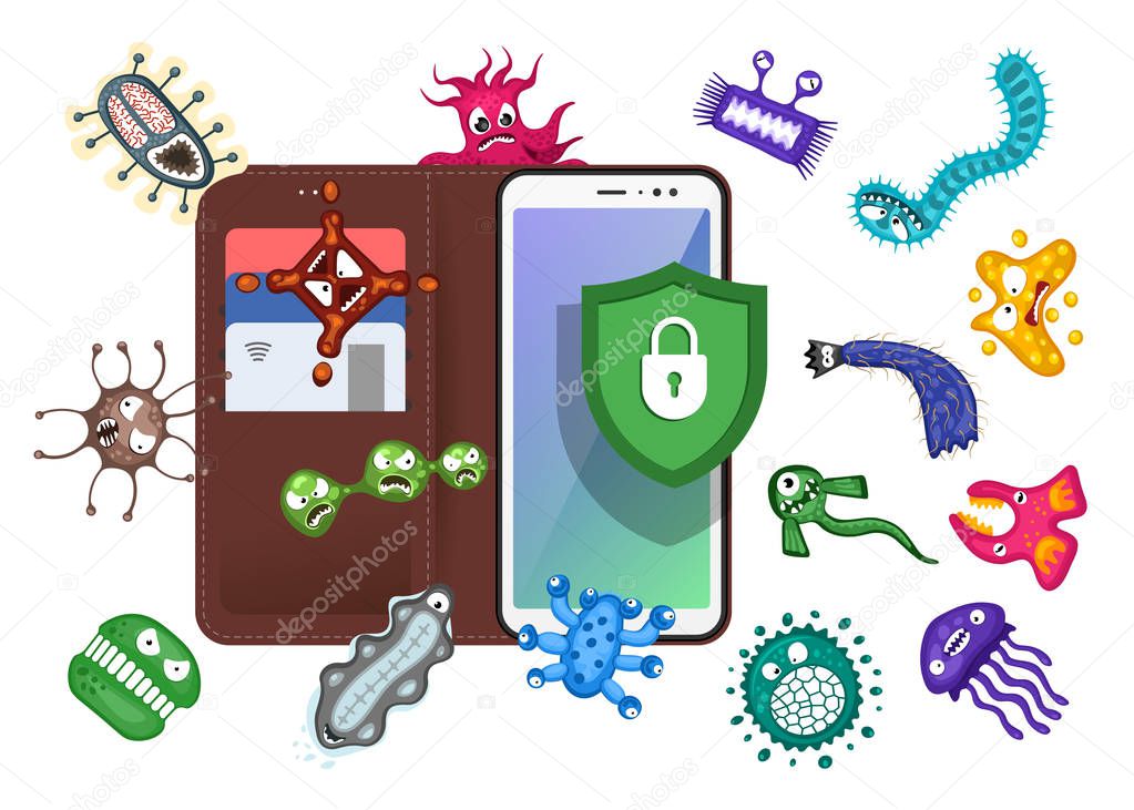 Mobile protection. Smartphone with security shield and infection computer virus attack. Spam data, fraud internet error message, insecure connection, online scam concept. Vector illustration