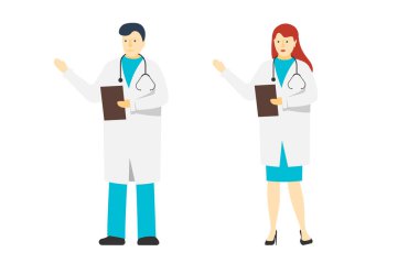 İki genç doktor erkek ve kadın ayakta. Tıp Hastanesi personeli. Beyaz adam ve kadın doktor karakterleri stetoskop ile. Vektör düz tıbbi insanlar illüstrasyon