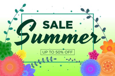 Güzel çiçekler ile yaz satışı teklif promosyon afiş. Özel indirimler mockup. Promosyonlar, dergiler, reklam, Web siteleri için poster. Vektör tebrik illüstrasyon şablonu